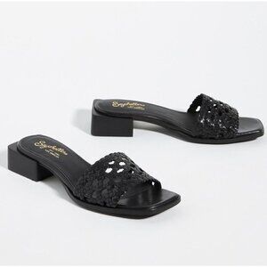 Anthropologie Seychelles Black Leather Woven Slide On Heels Size 7.5